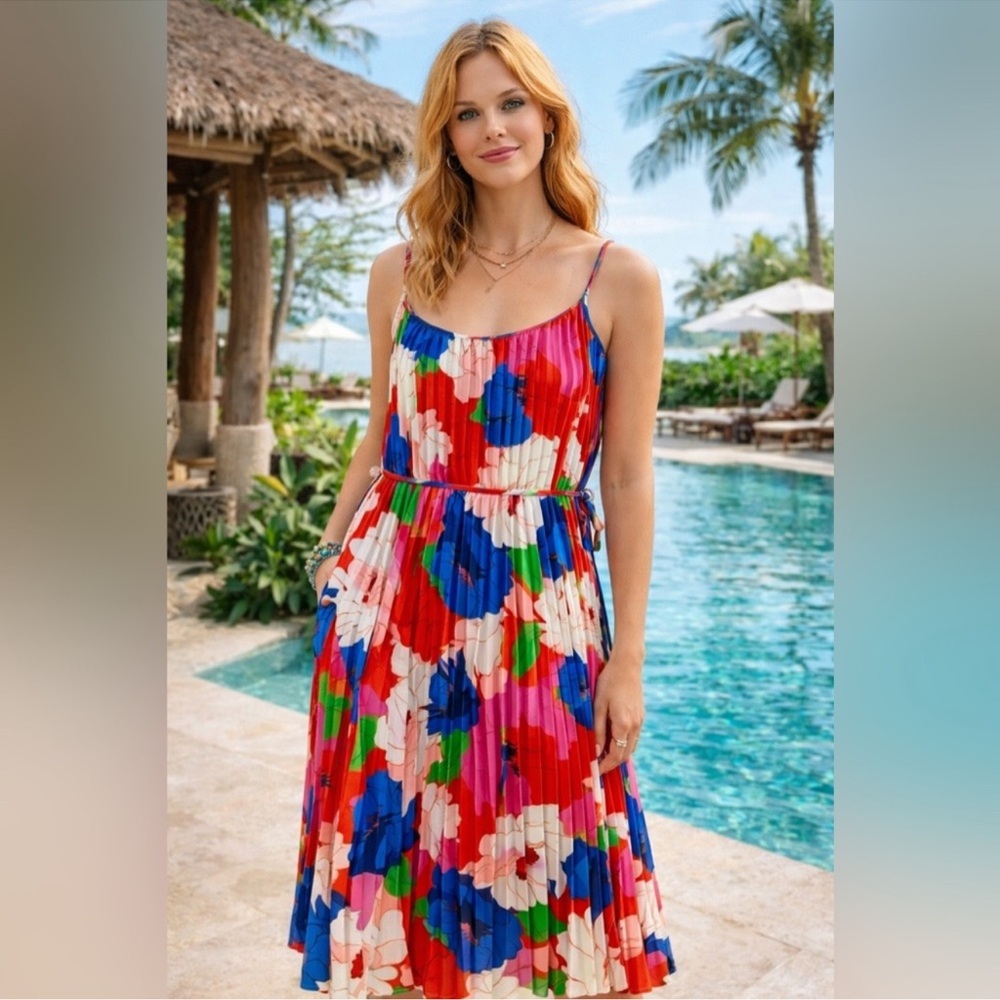 Sam Edelman Retro Multicolor Floral Plissé Midi Dress Size Medium